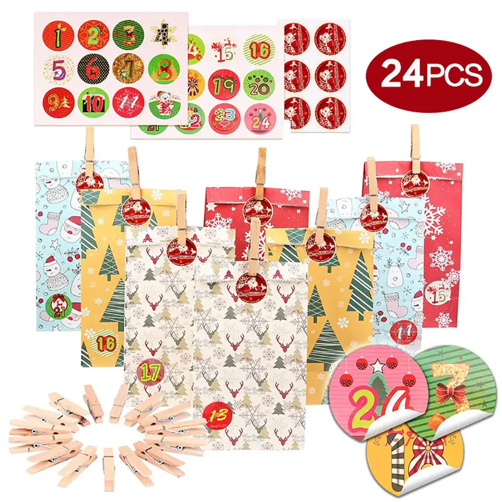

Advent Calendar Bags Numbers Sticker Kraft Paper Storage Gift Bag for Christmas
