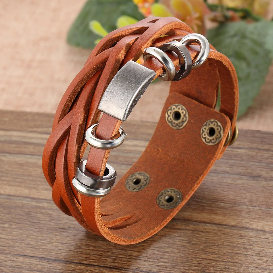 Customized Men's Braided Leather Multilayer Bangle Stainless Steel Material DIY Engrave Word Bracelet Fashion Jewelry | Украшения и