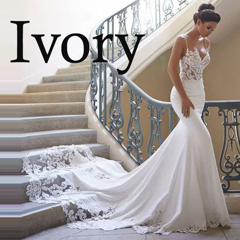 Ivory-A Очаровательное свадебное платье русалки,, на тонких бретельках, Vestido de novia, винтажное кружевное свадебное платье, платье для невесты без спинки, на заказ - Цвет: Ivory-A