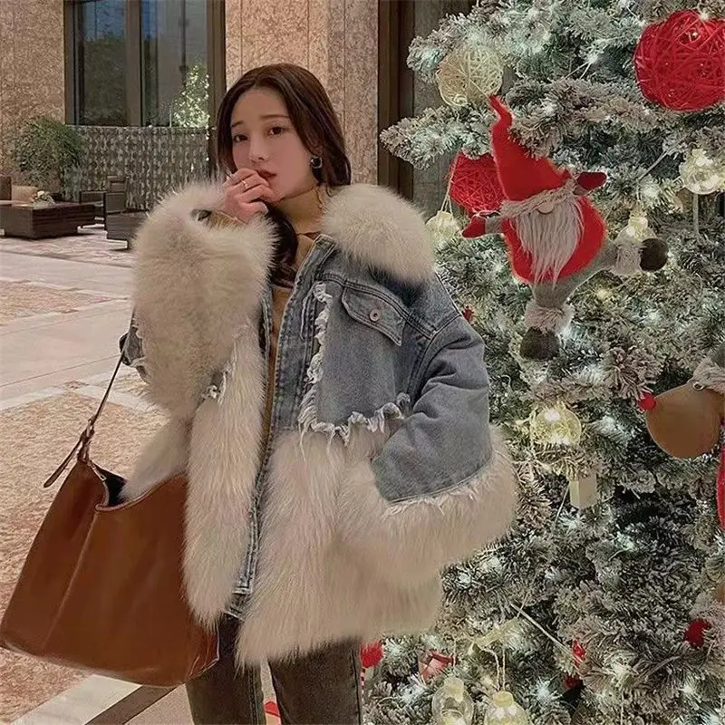 

2021 Winter Vintage Patchwork Denim Jacket With Fur Women Mid-Length Faux Fur Coat Fashion Loose Outerwear Mujer Chaqueta M1153