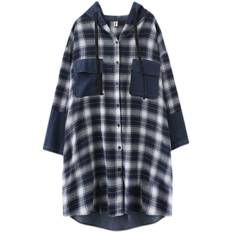 

IEQJ 2021 new spring fashion women clothes zippers loose big size pocket patchwork plaided shirt female top plus women WP42605