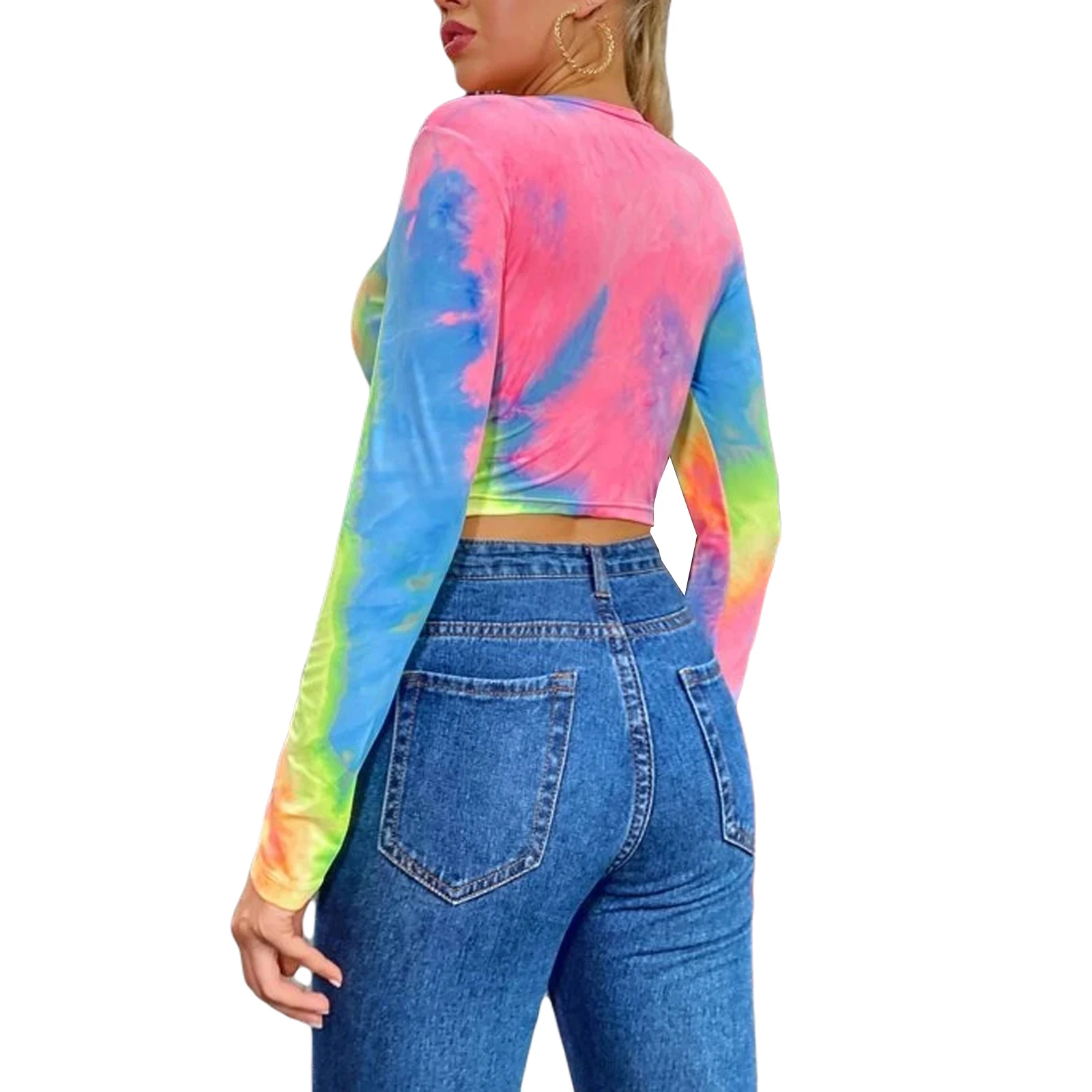 

Women's Tie Dye Long Sleeve T-shirt Fashion Wild Casual Zippered Round Neck Cardigan Cropped Tops