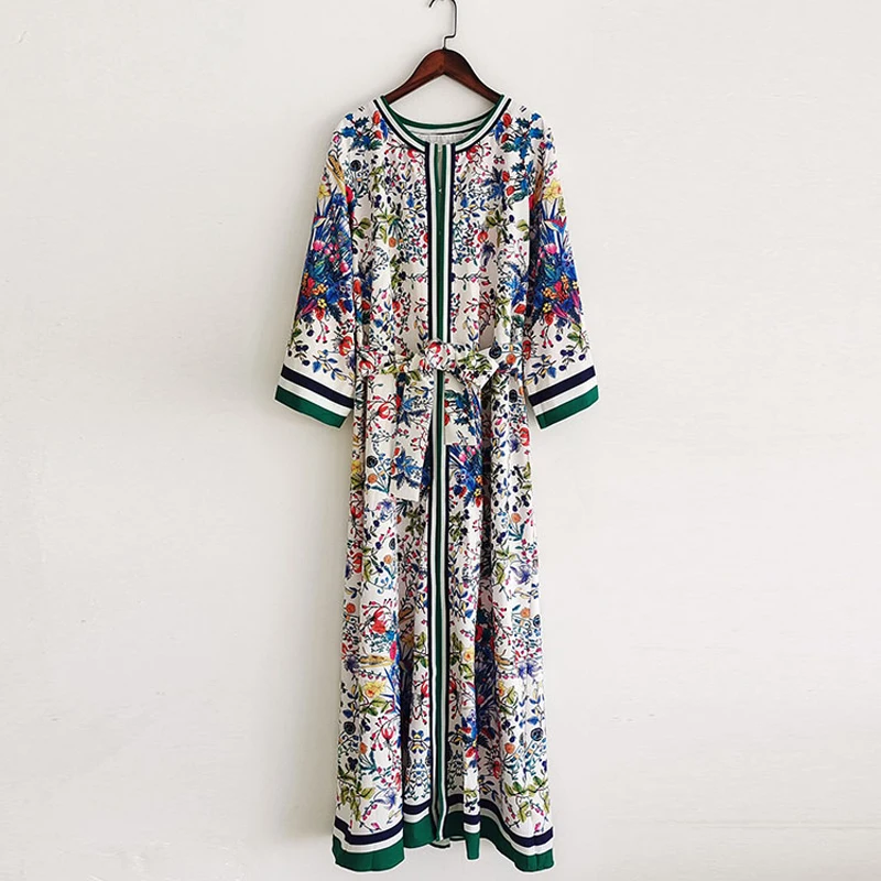 

2021 spring autumn women flower printed green loose dress ankle-length women robes plus size XXL women holiday dress