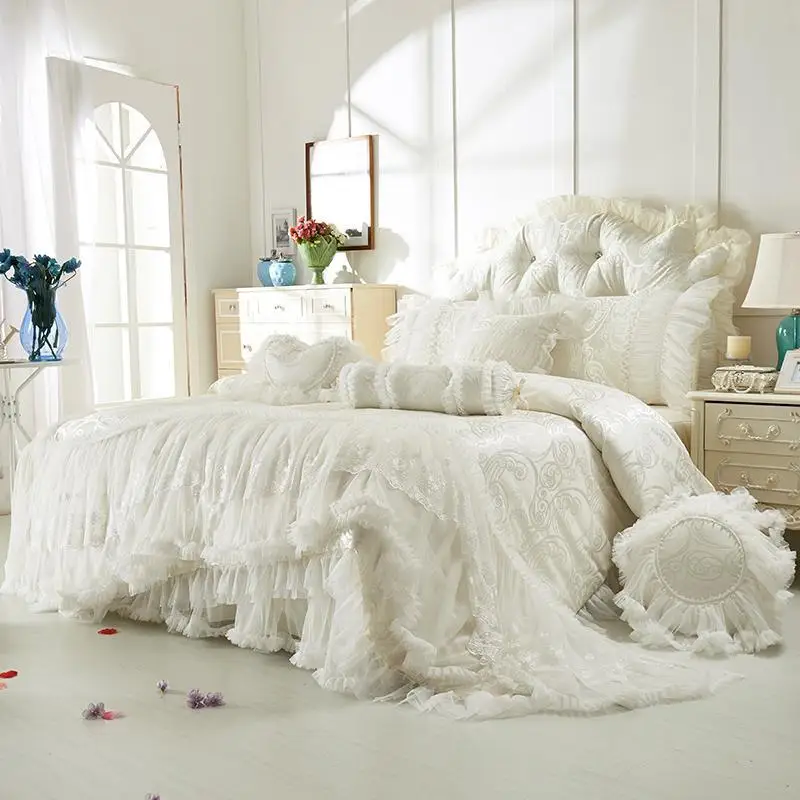 

40Cotton lace jacquard bedding sets boho wedding luxury decorative queen king size 4/8 pcs bedskirt+pillowcase+duvet cover set