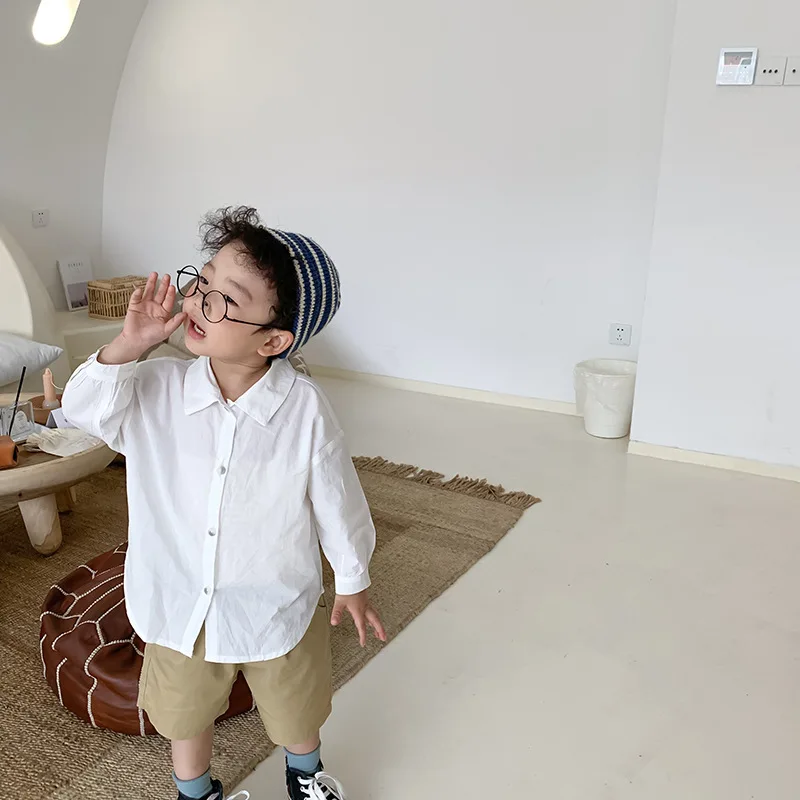 Модные Универсальные Белые Повседневные рубашки для мальчиков весенне осенние