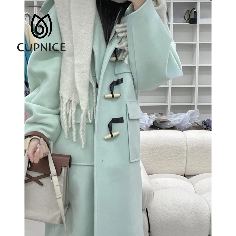

CUPNICE 2021 Winter New Green Fresh Mid-Length Sweet and Lovely Japanese Korean Fashion Commuter Horn Buckle Woolen Coat Jacket
