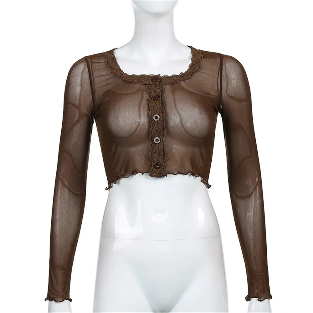

Lace Long Sleeve Crop Tops 2021 women Sexy O Neck Stitching Mesh See-Through Casual T-shirt Streetwear Tee Shirt Spring Summer