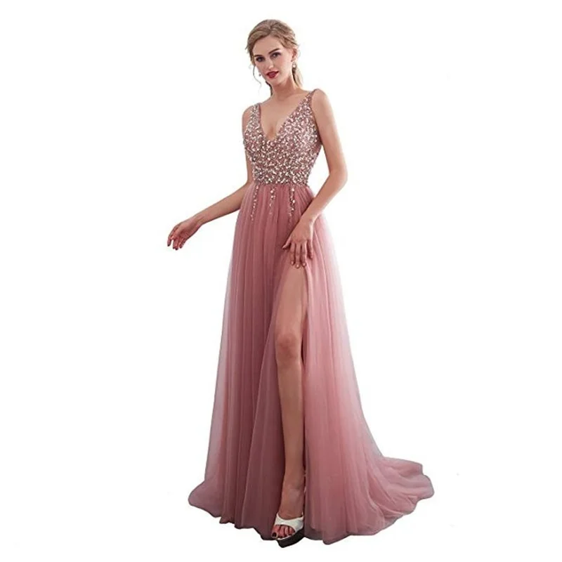 

2021 new women's ladies' temperament sequin split sexy V-neck halter evening dress