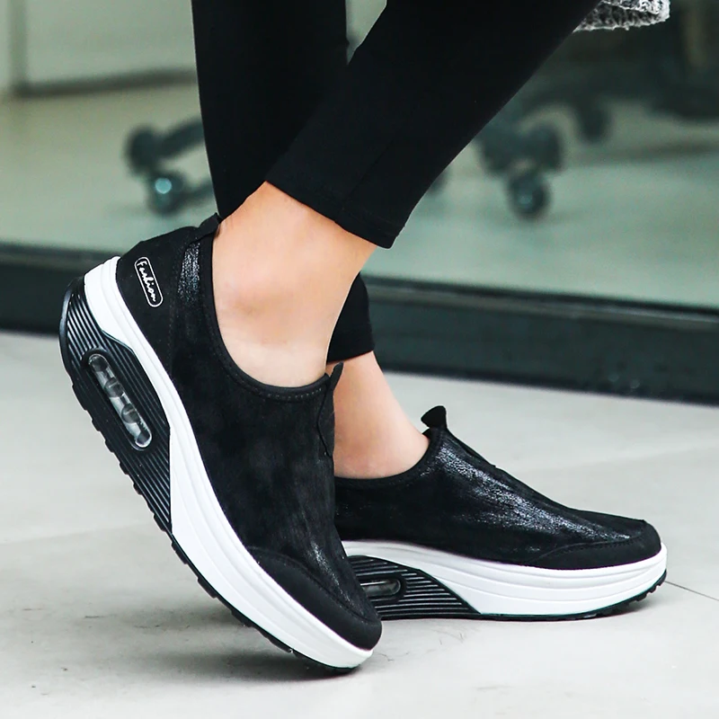 Ladies Wedge Sneakers Fashion Thick Sole Shoes Slip On Fitness Shoes Women Outdoor Shock Absorber Rocking Shoes
