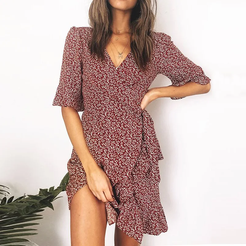 

Spring Summer Ladies 2021 New Half Sleeve V Neck Print High Waist Lace Up Frenulum Temperament Knee Length Chiffon Dress