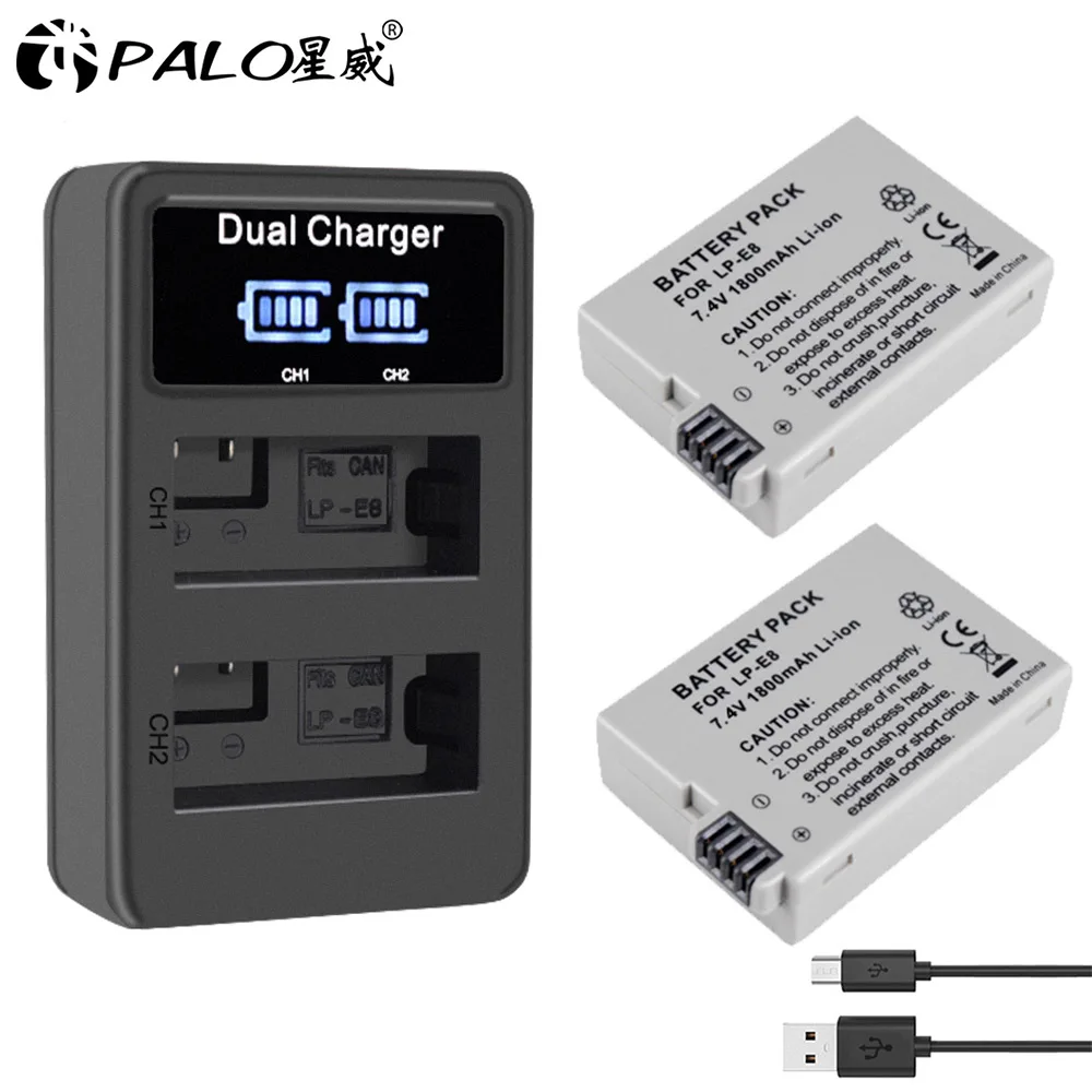 2 battery 1 charger PALO 2 шт. LP-E8 LPE8 батарея для камеры+ lp e8 зарядное устройство lcd Смарт USB Цифровое зарядное устройство для canon EOS 550D 600D 650D 700D X4 X5 X6i T2 - Цвет: 2 battery 1 charger