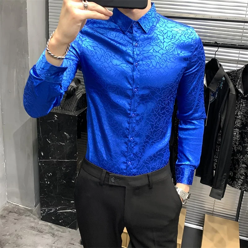 

Spring New 2021 Solid Long Sleeve Printed Shirts Men Clothing Simple All Match Slim Fit Casual Business Blouses Formal Wear 3XL