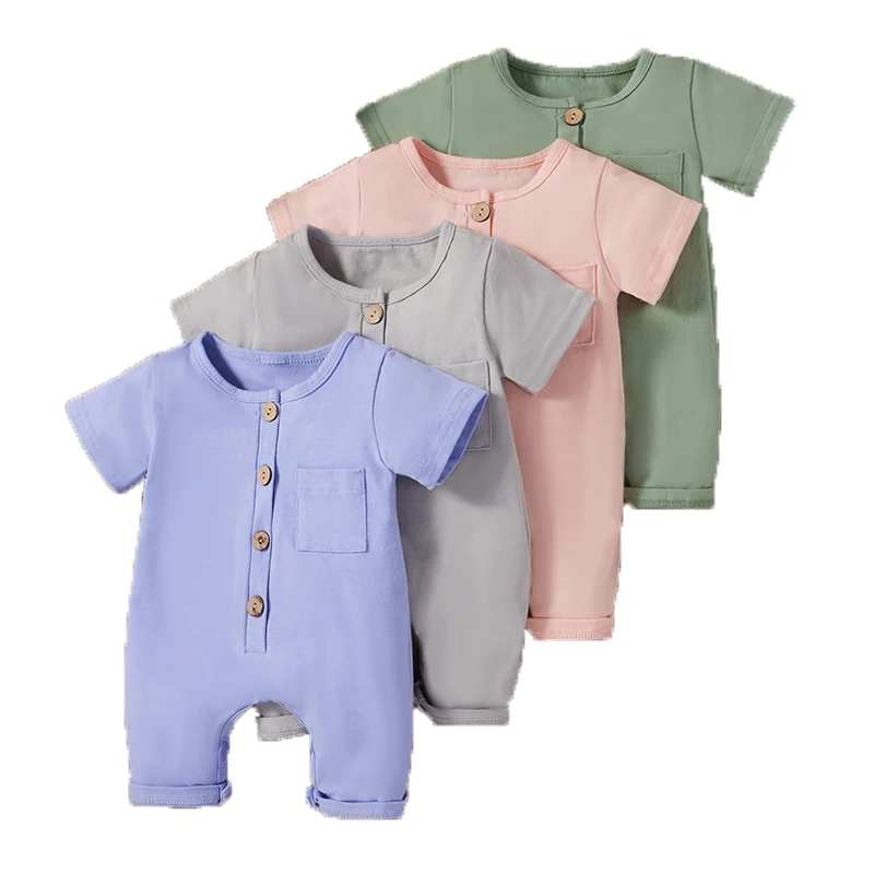 

Однотонный комбинезон Lioraitiin для новорожденных, 0-12 месяцев, с коротким рукавом и круглым вырезом, 4 цвета, летняя одежда, 2021-01-08