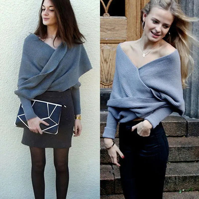 Пуловер женский вязаный с перекрестным воротником V-образным вырезом и длинными