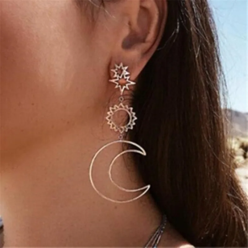 New Bohemia Rose Gold Geometry Earrings For Women Hollow Star Moon Drop Earring Bijoux Femme Gift Statement Jewelry 4ED97 | Украшения и