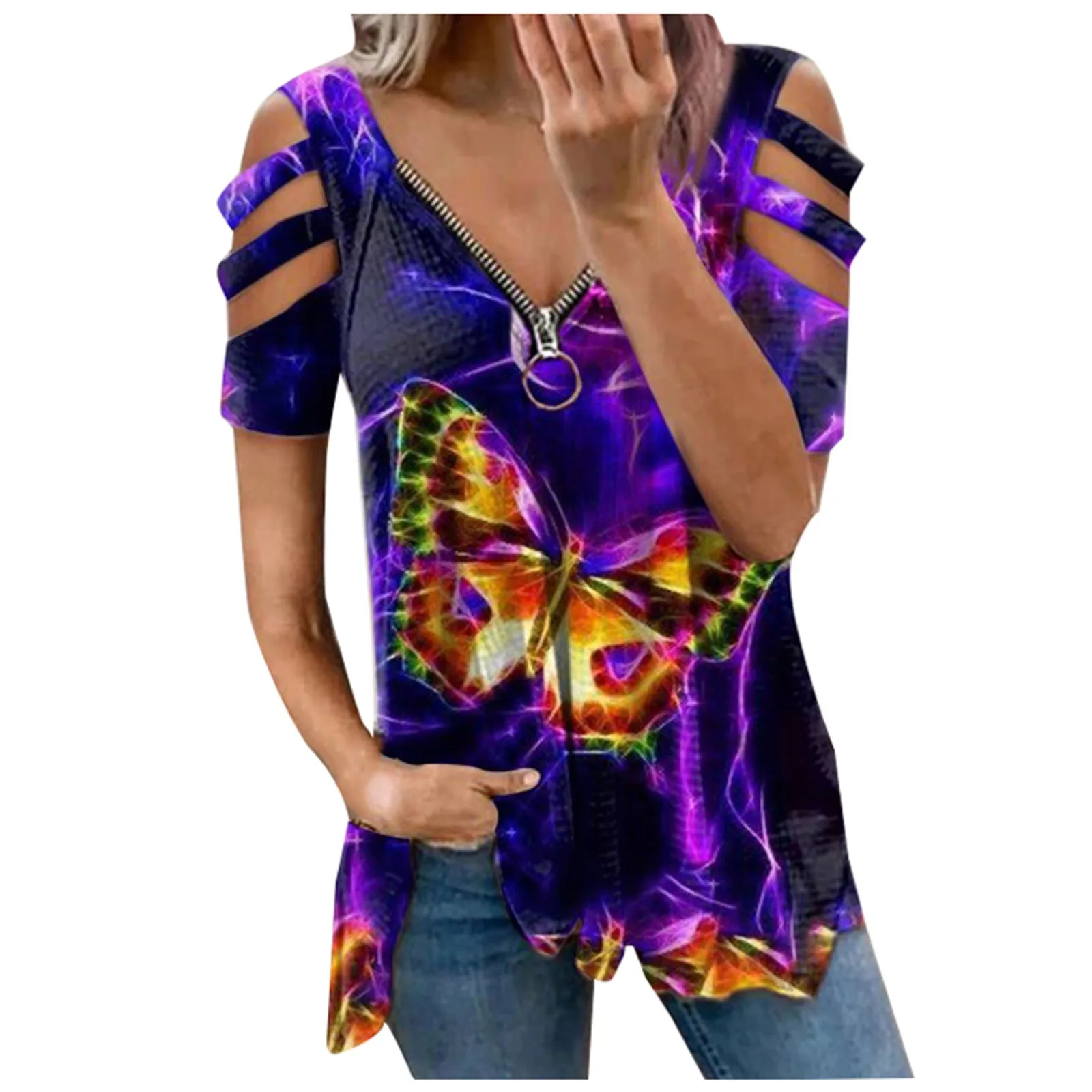 

Summer Autumn Daliy Fashion Printed Zipper V-neck Short Sleeve Tank Top Spring Women Casual T-shirt Blouse Футболка Оверсайз