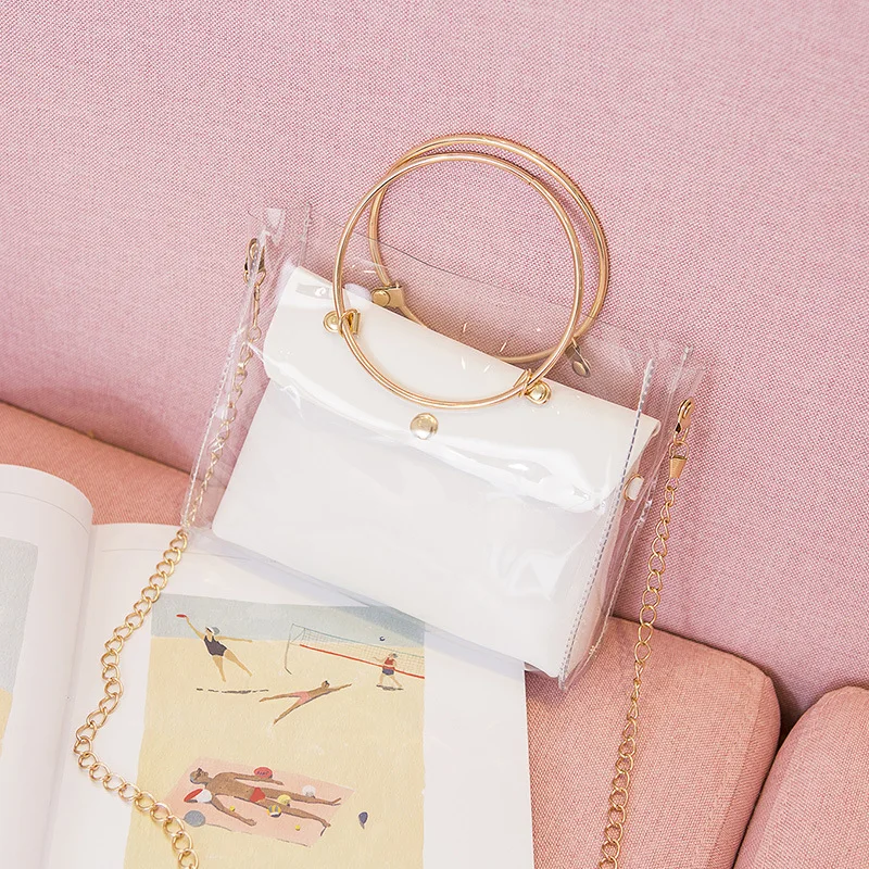 

Fairy Transparent Bag Fashion Metal Handbag PVC Pu Composite Chain Messenger Mobile Phone Change Square Sling Bag