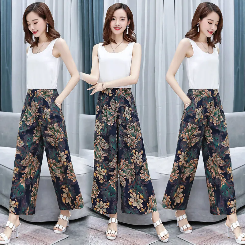 

High 2020 Spring Summer Women Casual Loose Wide Leg Korean Elastic Waist Striped Plaid Pants Plus Size