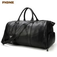 casual high quality natural first layer cowhide travel bag black genuine leather handbag large capacity weekend luggage bag