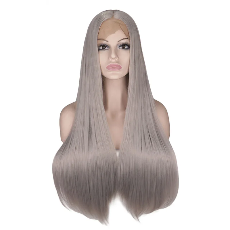 WHIMSICAL W Long Silky Straight Silver Grey Color Straight Wigs Lace Front Synthetic Wig for Women Natural Hand Tied Hair