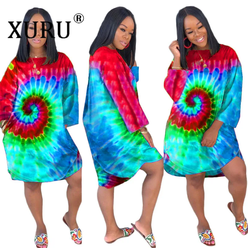 

XURU New Hot Women's Dress Autumn and Winter Large Size Dress Tie Dyed Sexy Dress