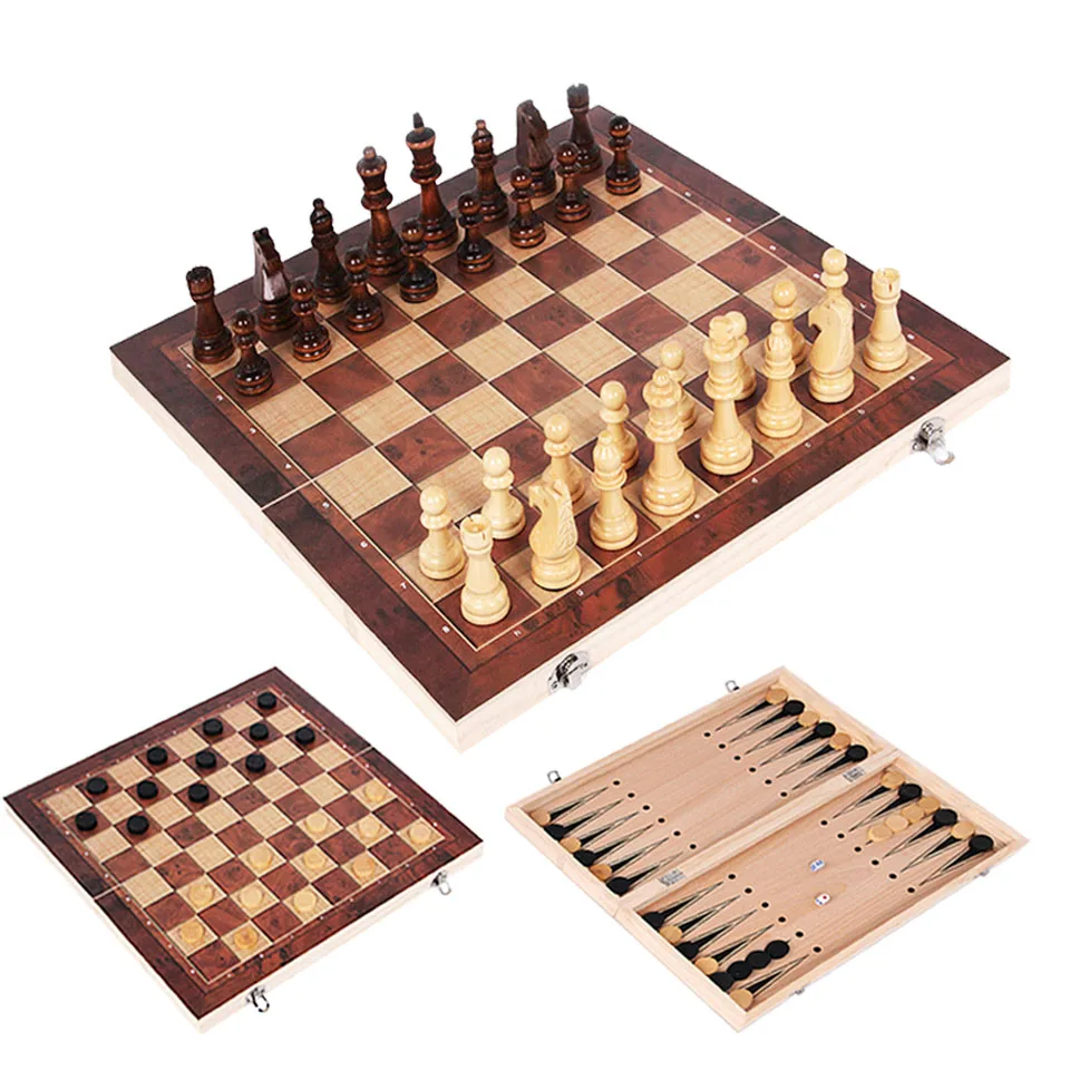 

3 in 1 Chess Set Wooden Chess Game Backgammon Checkers Indoor Travel Chess Wooden Folding Chessboard Chess Pieces Chessman