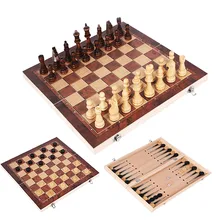 3 in 1 Chess Set Wooden Chess Game Backgammon Checkers Indoor Travel Chess Wooden Folding Chessboard Chess Pieces Chessman