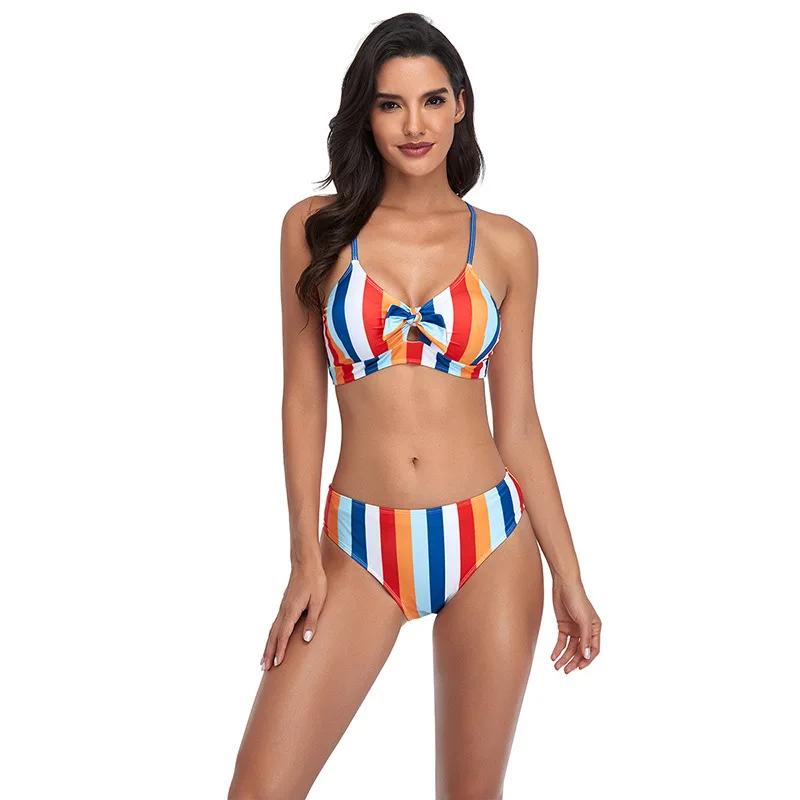 

2021 New Stripe Beach Thin Bikini Stripe Sexy High Waist Show Back Striped Swimsuit Color Combination Swimwear