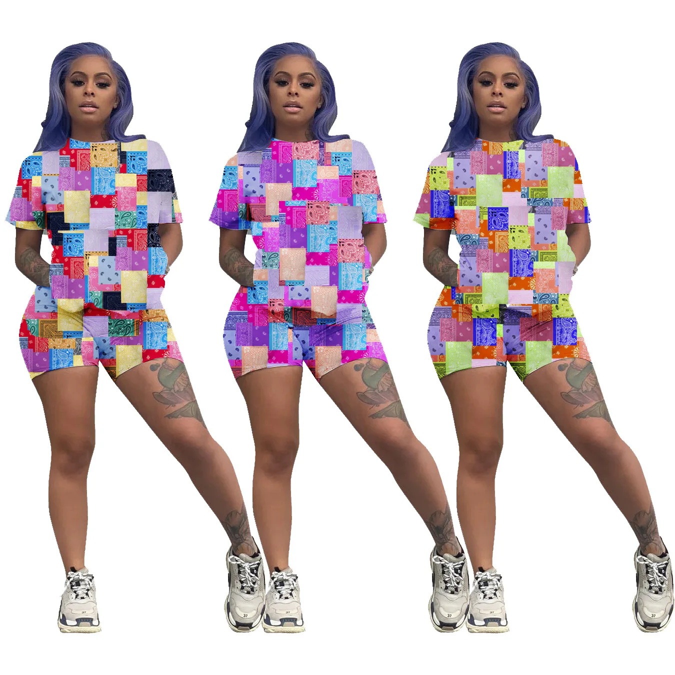 

Multi-Color Block Women's Outfit Casual Suits With Shorts Tracksuit 2021 Summer Clothing Two Piece Set Female Tribe Shorts Sets