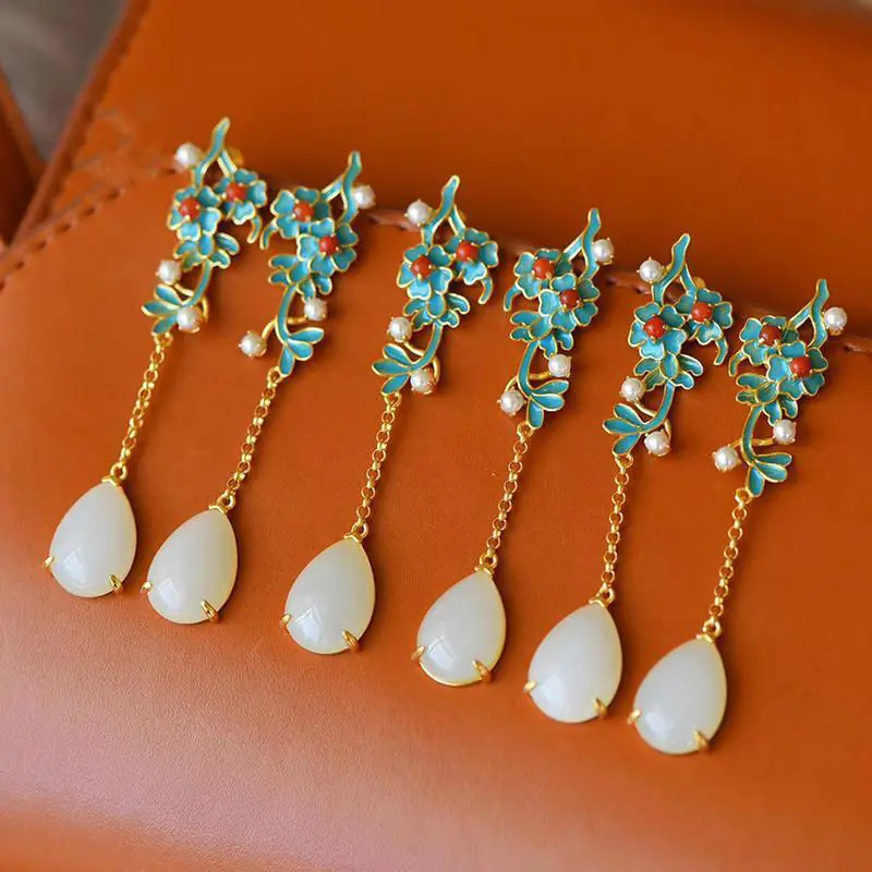 

Retro Ethnic Style Cloisonne Earrings Women's Court Sterling Silver Enamel Inlaid Hetian Jade Water Drop Earrings Long Women's