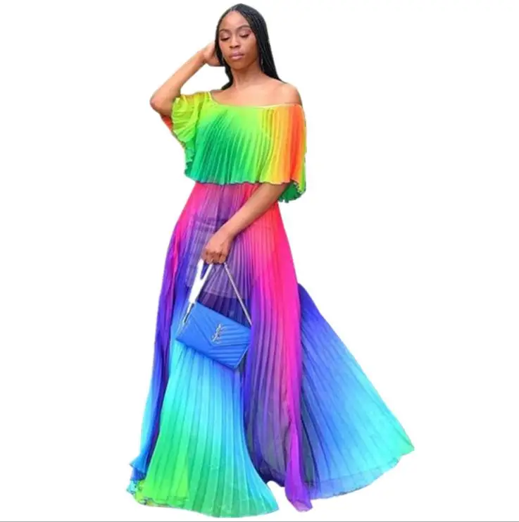 2019 женское пляжное платье с градиентным принтом шифоновое Плиссированное Платье