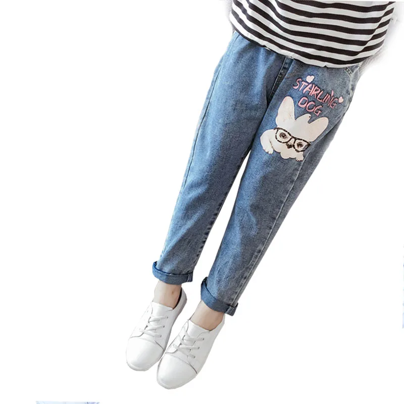 4~11T Spring Fall Youth Girls Casual Jeans Elastic Belt Denim Pants for the Teens Girl Pantolon Teenagers Dog Rabbit Embroidery | Детская