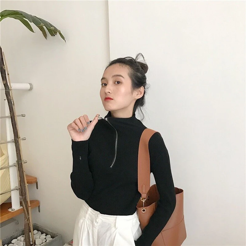 Autumn Winter Sexy Casual Zipper Sweater Women Turtleneck Solid Skinny Elastic Knitted Full Sleeve Female Soft Pullover | Женская одежда