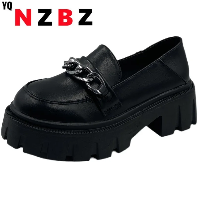 

Женские кожаные туфли на толстой подошве, лоферы на платформе и толстом каблуке, черные туфли-лодочки, Осенняя обувь в стиле "Лолита" без зас...