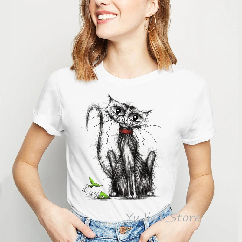 Женская Винтажная Футболка с принтом кошки и рыбы летняя футболка животных |