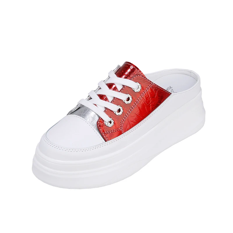 

High-Heeled Shoes Lady Multicolored Sandals Mules For Women 2021 House Slippers Platform Loafers Med Slides Cover Toe Pantofle S