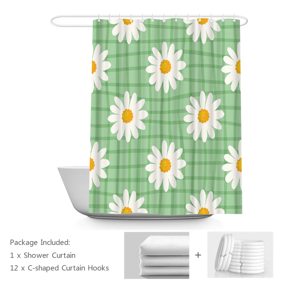 

Flower Shower Curtains White Daisy on Green Strips Fabric Bathroom Curtains Spring Wild Flower Bathtub Decor