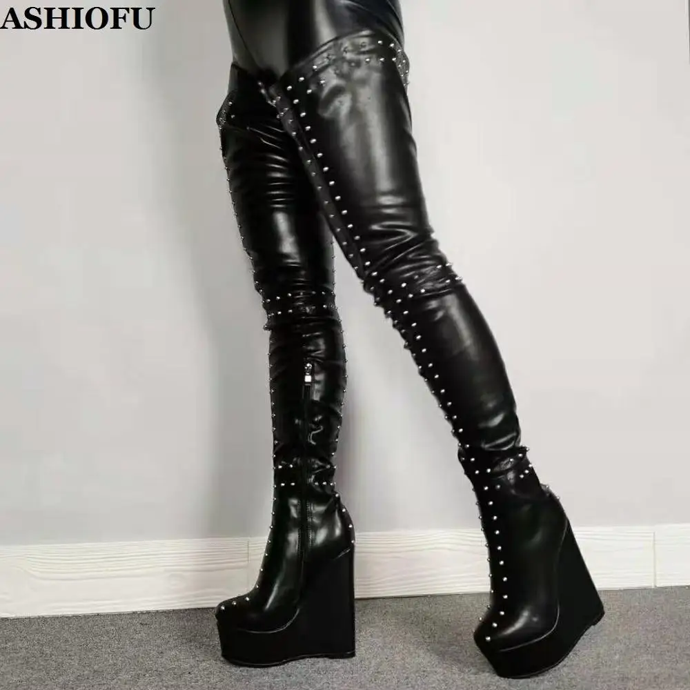 

ASHIOFU New Arrival Real Photos Ladies Wadge Heel Boots Rivets Spikes Party Thigh High Boots Evening Club Fashion Overknee Boots