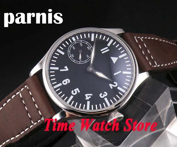 Parnis 44 мм черный циферблат светящийся ремешок из коровьей кожи 6497 с ручным заводом