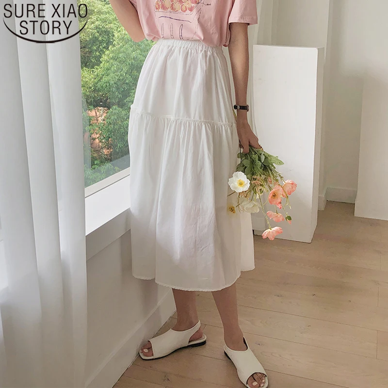 

Women Pleated Skirt Casual 2022 Summer Solid White Midi A- Line High Waist Skirt Female Korean Style Loose Long Skirts 10005