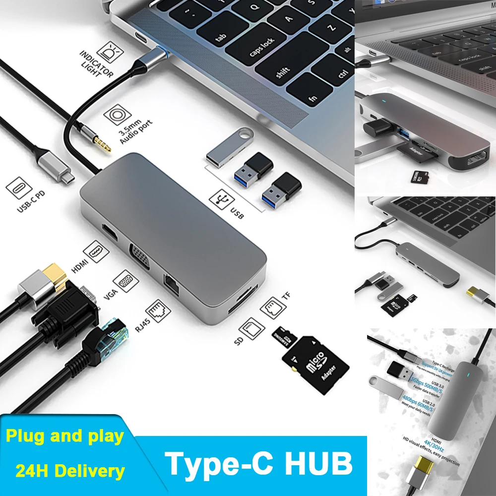 Estación de acoplamiento 8 en 1 con USB tipo C multifunción, Hub...