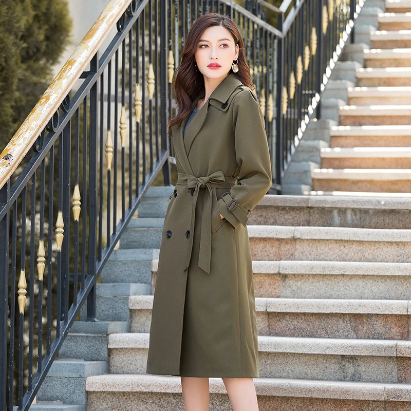 

Women 2020 New Winter Fashion Casual Trench Coats Female Solid Color Long Outwears Ladies Double Breasted Overcoat with Belt Q35