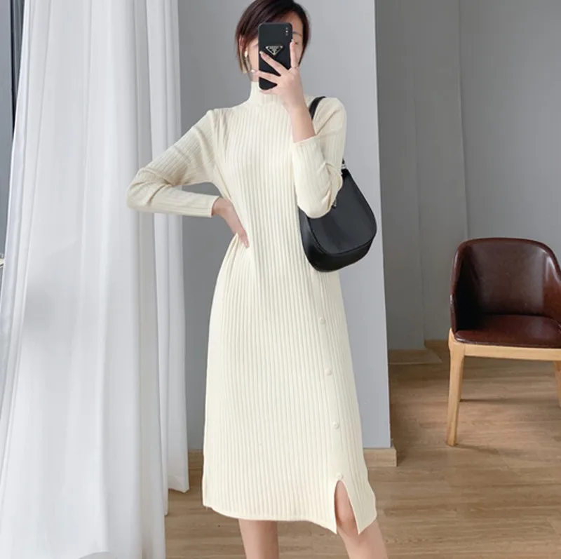 

Осень-зима 2021, модное повседневное женское прямое вязаное платье средней длины с высоким воротом, однотонное платье-свитер