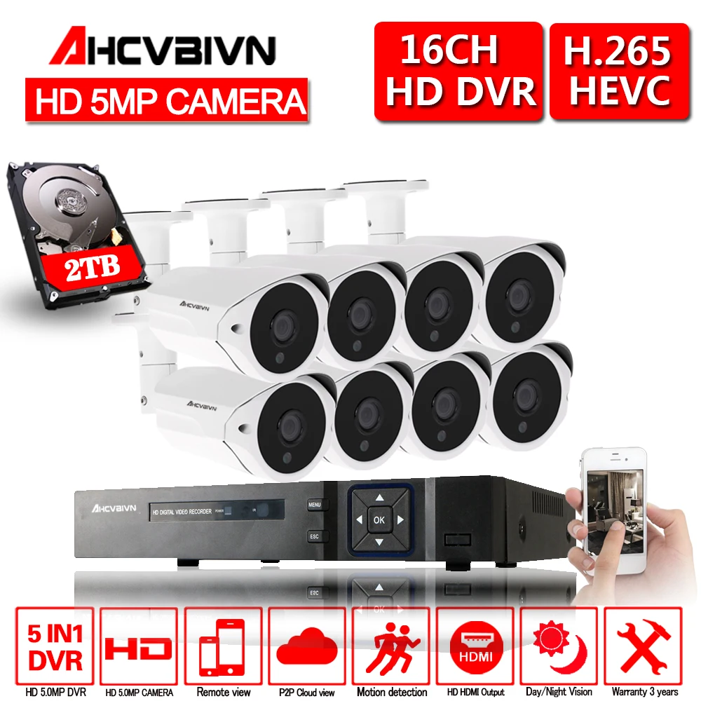 16CH 5MP 5-в-1 цифровой видеорегистратор + 8*5 0 Мп AHD IR CCTV in/наружная камера 8*60 футов