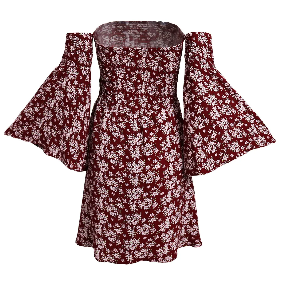 

2019 European And American-Style Printed off-Shoulder Bell Sleeve Wrap-around Printed Dress