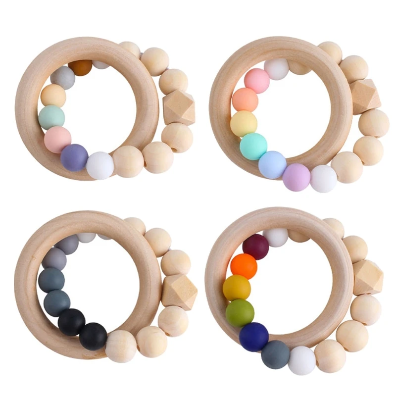 

2021 New Baby Nursing Bracelet Rainbow Silicone Teether Wood Teething Rattles Nursing Toy