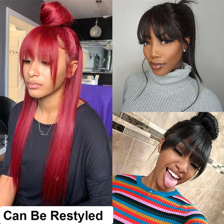 

Straight Human Hair Wig With Bangs Raw Indian Remy Human Hair Wigs For Black Women Natural Color Full Machine Made Wigs Glueless