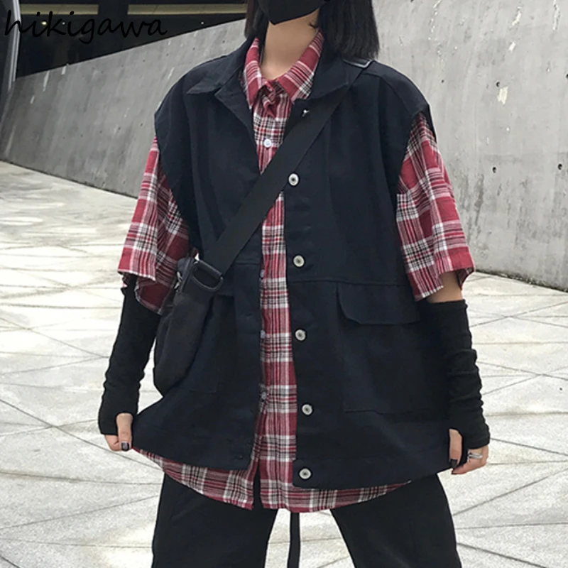 

Hikigawa Women's Clothing Sleeveless Jacket Women Black Gothic Hip Hop Men Vests Chalecos Para Mujer Solid Waistcoat Vest Coats