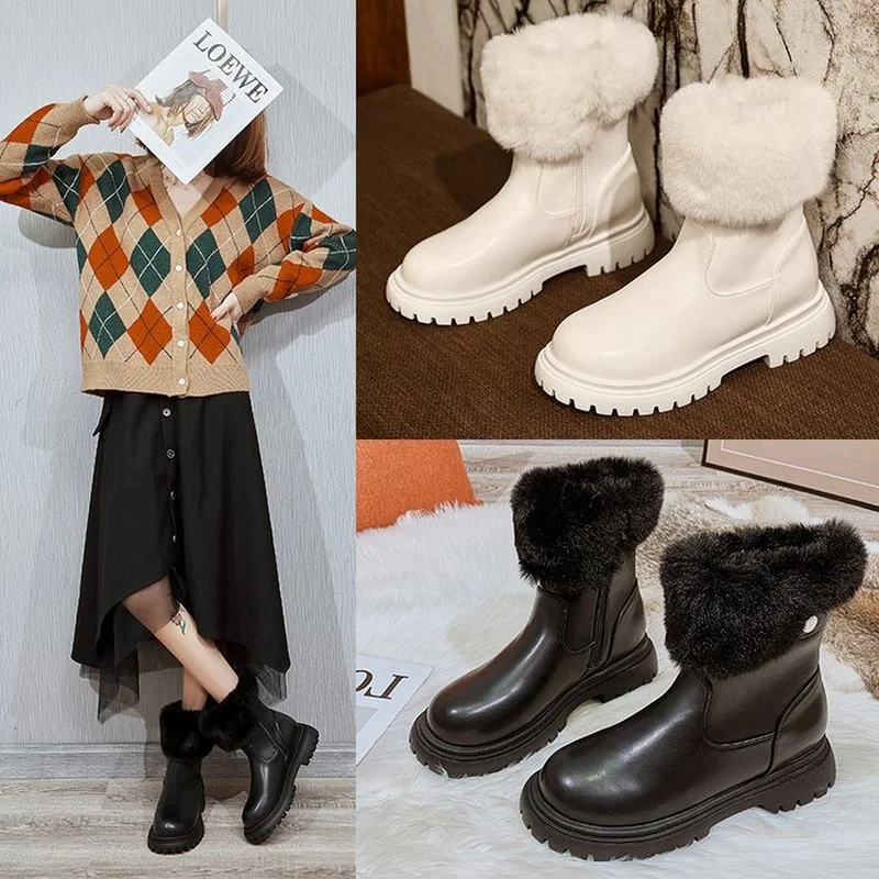 

Snow boots women's winter 2021 new plus velvet warmth waterproof non-slip thick heel side zipper furry short boot botas de mujer