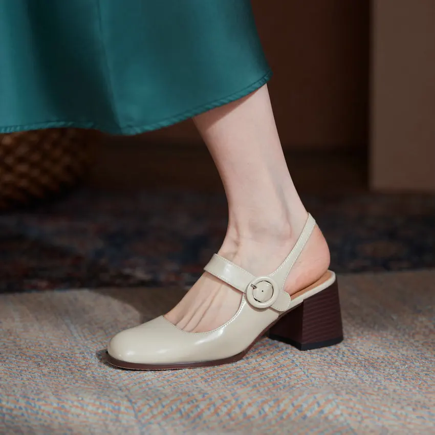 

QUTAA 2021 Back Strap Buckle Sandals Square High Heel Summer Women Shoes Cow Patent Leather Slingback Female Pumps Size 34-39